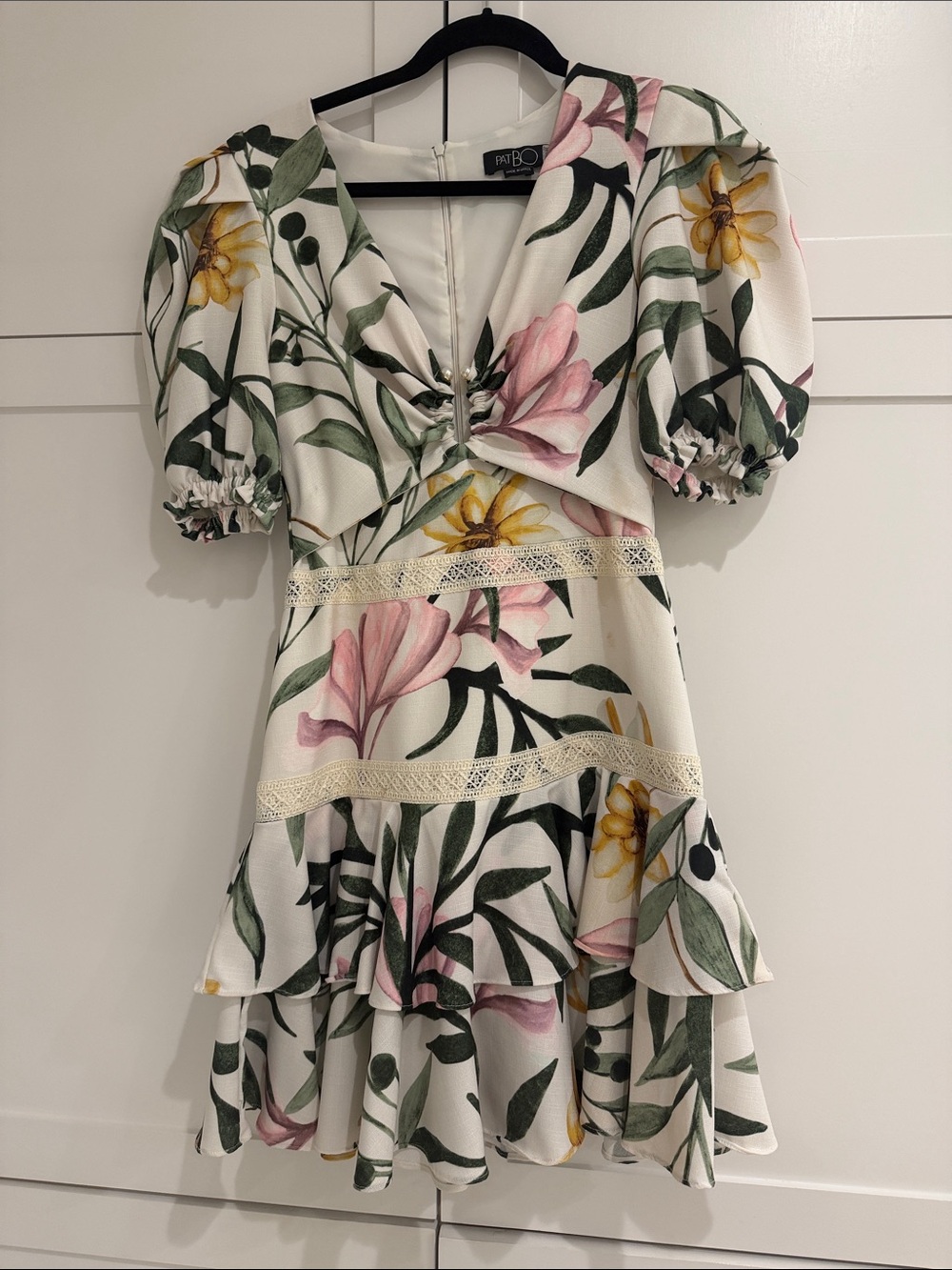 PatBO Floral V-Neck Tiered Mini Dress - Pink, Yellow & Green